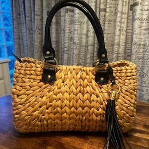 Straw Studios Tan Woven Handbag with black Accents